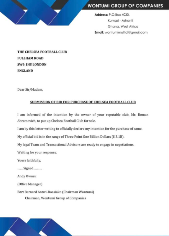 La oferta de Andy Owusu para comprar el Chelsea es de 2.800 millones de euros.