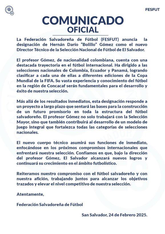 El comunicado de la Federación Salvadoreña de Fútbol confirmando la llegada del “Bolillo” Gómez.