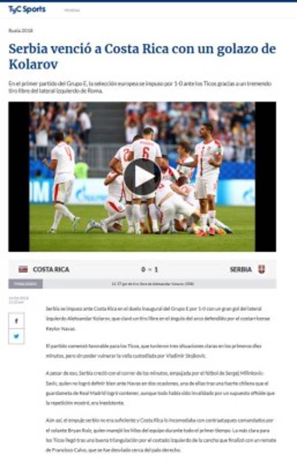 Prensa de Costa Rica: 'Se apaga la ilusión de los octavos en Rusia'