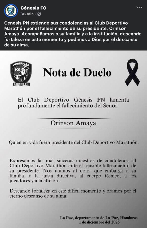 Pachuca y los equipos de la Liga Nacional despiden al presidente de Marathón, Orinson Amaya: Permanecerá en nuestros corazones