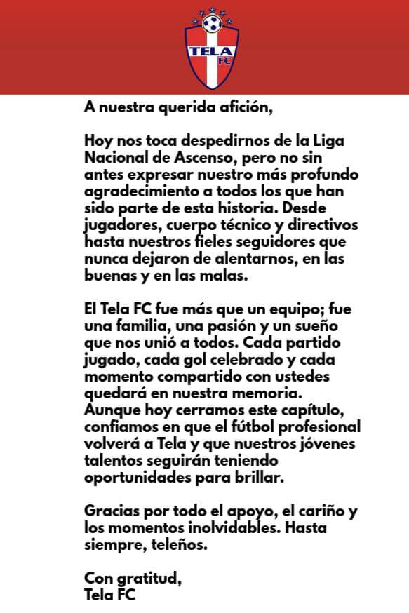 Tela FC y su emotivo comunicado por su adiós de categoría.