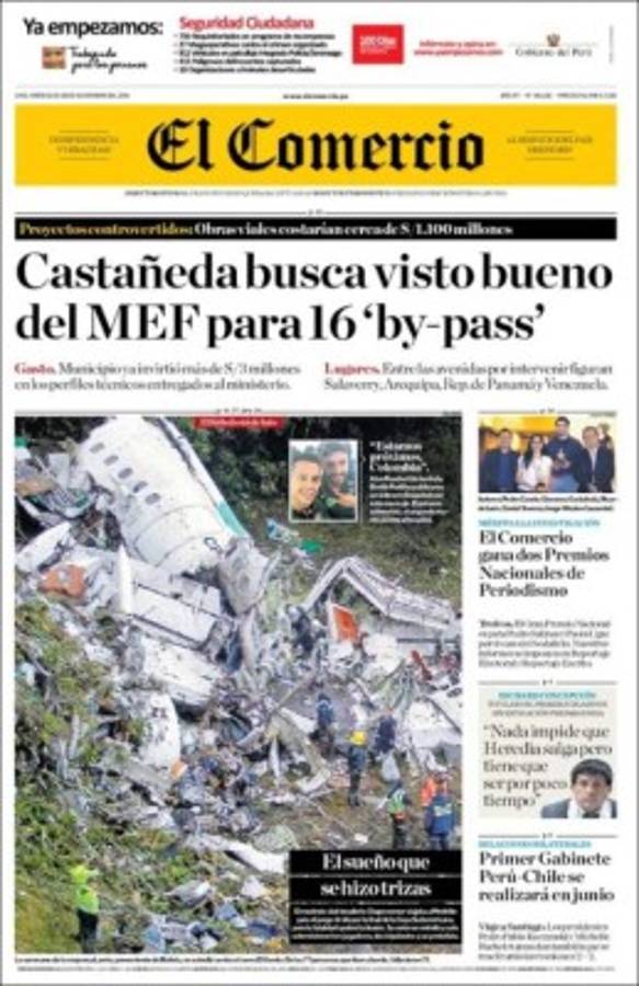 PORTADAS: ¡El mundo llora la tragedia aérea del Chapecoense!
