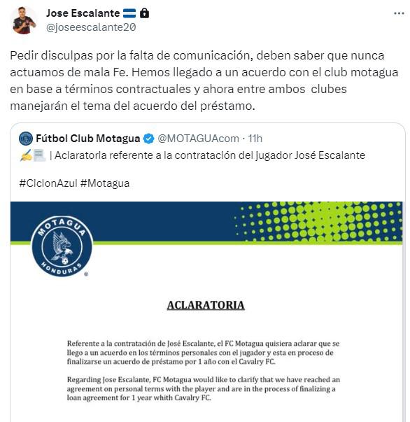 El mensaje de José Escalante pidiendo disculpas a Motagua por lo ocurrido.