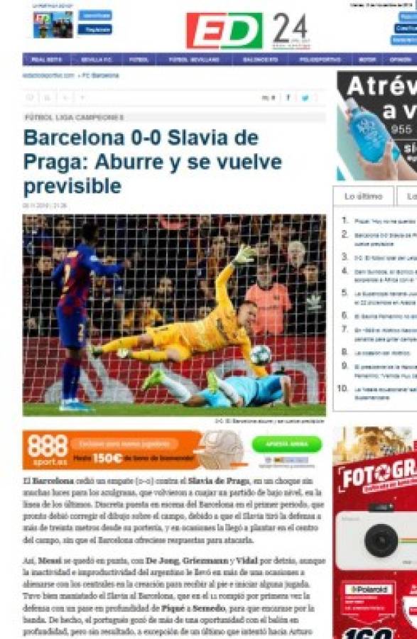 Prensa de España atiza contra Barcelona tras empate contra Slavia Praha en Champions