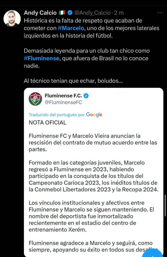 “Demasiada leyenda para un club tan chico” y “falta de respeto”: critican a Fluminense por echar a Marcelo