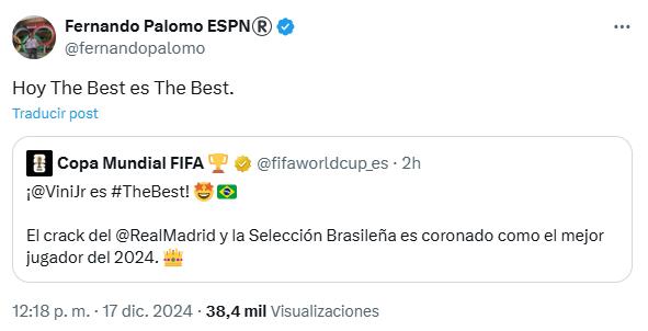 Vinicius ganó el premio The Best y la prensa reacciona: “Aquí sí asiste el Madrid; ya es mucho más grande que Neymar”