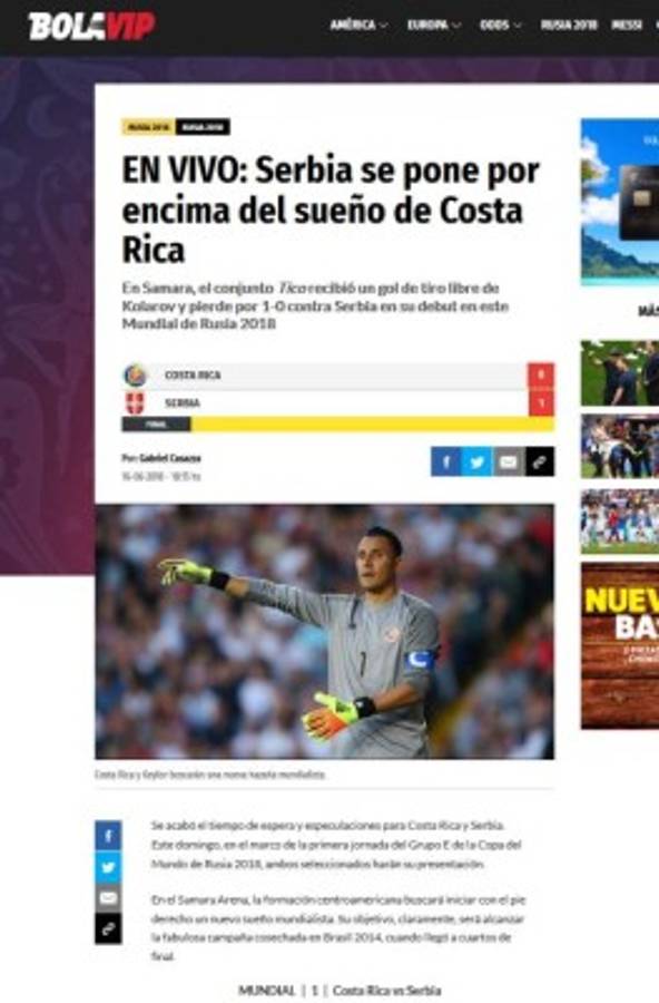 Prensa de Costa Rica: 'Se apaga la ilusión de los octavos en Rusia'