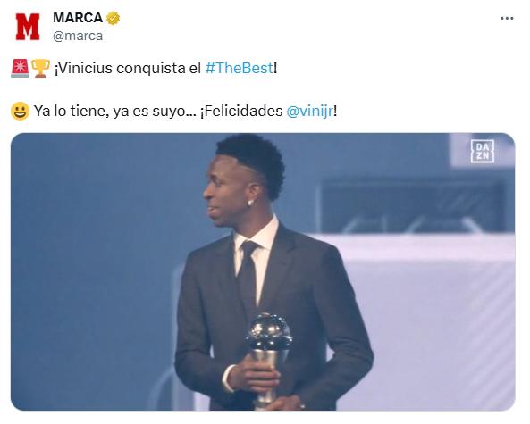 Vinicius ganó el premio The Best y la prensa reacciona: “Aquí sí asiste el Madrid; ya es mucho más grande que Neymar”