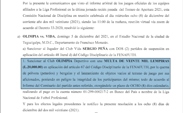 Este es el documento de la Comisión de Disciplina donde sanciona al Olimpia.