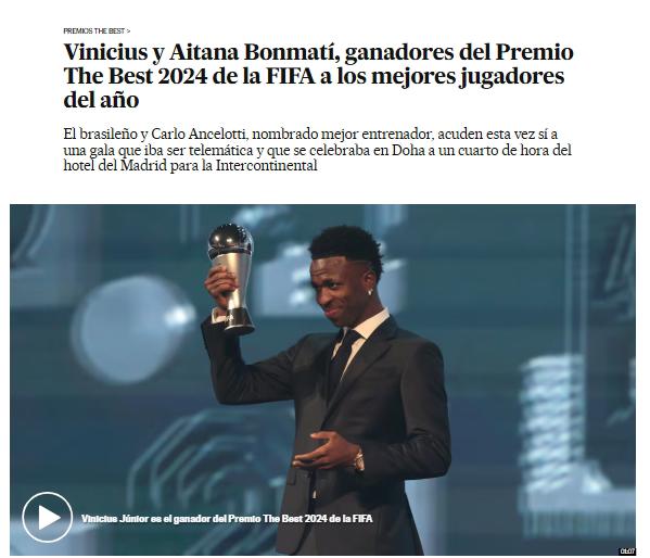 Vinicius ganó el premio The Best y la prensa reacciona: “Aquí sí asiste el Madrid; ya es mucho más grande que Neymar”