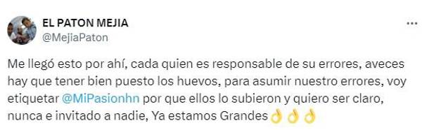 El posteo de Patón Mejía en sus redes sociales.