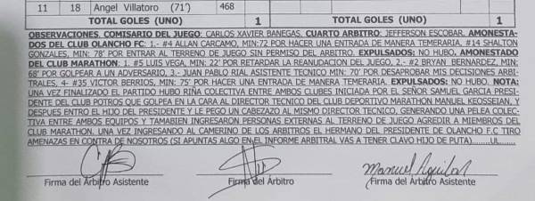 El acta arbitral firmada por la cuarteta arbitral comandada por Nelson Salgado.