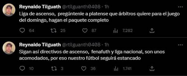 Los mensajes de Reynaldo Tilguath a través de su cuenta de Twitter.