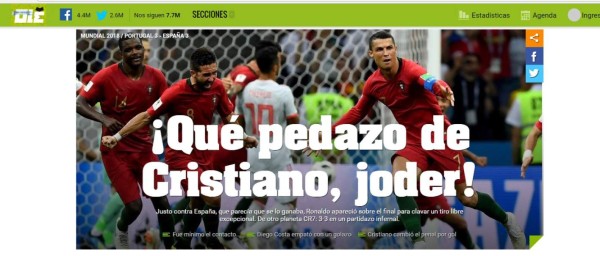 Prensa mundial se rinde a Cristiano Ronaldo tras maravilloso debut en Rusia 2018