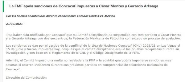 El comunicado girado por la Federación Mexicana de Fútbol en la apelación de las penalizaciones a Gerardo Arteaga y César Montes.