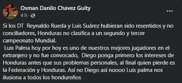 El escrito del “Tierno” Chávez a través de su cuenta personal de Facebook.