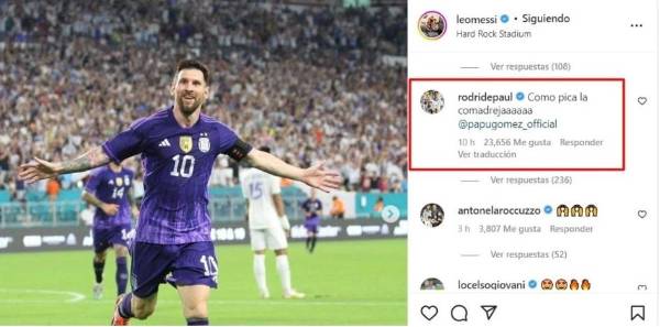 “Ta loca la Comadreja, @rodridepaul”, escribió el Papu. Y enseguida respondió le respondió el del Atlético de Madrid: “Cómo pica la comadrejaaaaaa, @papugomez_official”.