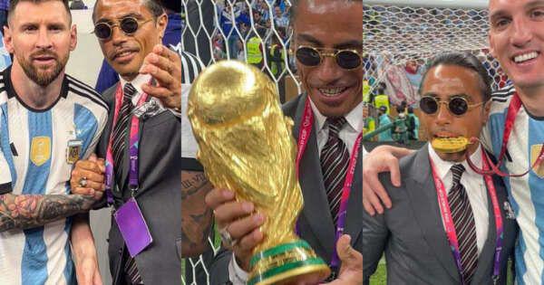 Se le vio posar junto a los jugadores, tomó el trofeo en sus manos y mordió algunas medallas.