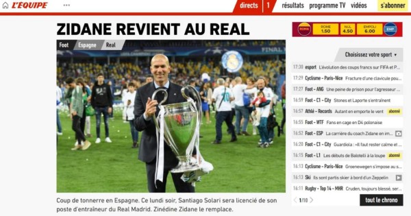 La prensa mundial resalta en sus portadas el regreso de Zidane al Real Madrid