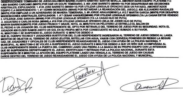 El acta arbitral del partido entre Platense-Independiente en la semifinal de ida en el Estadio Excélsior.
