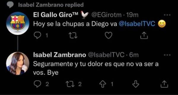 Isabel Zambrano se enfurece tras vulgar comentario de usuario en Twitter que le mencionó a Diego Vázquez