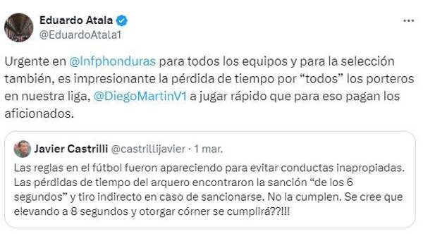 El posteo que hizo Eduardo Atala, presidente de Motagua, en su cuenta de “X”.