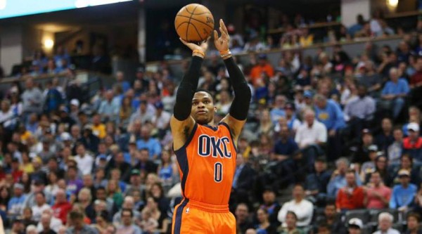 Apr 9, 2017; Denver, CO, USA; Oklahoma City Thunder guard Russell Westbrook (0) shoots the ball during the second half against the Denver Nuggets at Pepsi Center. The Thunder won 106-105. Mandatory Credit: Chris Humphreys-USA TODAY Sports