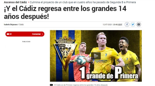 'Regresa entre los grandes': Los medios internacionales destacan el ascenso del Cádiz y Choco Lozano a Primera división de España