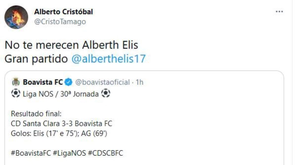 En medios y redes: Lo que dicen del doblete de Alberth Elis en empate de Boavista ante Santa Clara