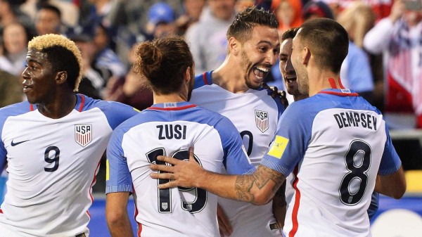 COLUMBUS, OH - MARCH 29: Geoff Cameron #20 of the United States Men's National Team celebrates his first half goal against Guatemala with Graham Zusi #19 of the United States Men's National Team and Clint Dempsey #8 of the United States Men's National Team during the FIFA 2018 World Cup qualifier on March 29, 2016 at MAPFRE Stadium in Columbus, Ohio. (Photo by Jamie Sabau/Getty Images)