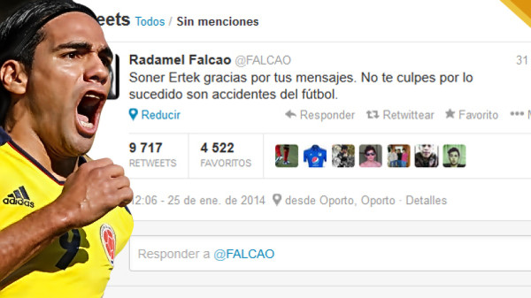 Radamel Falcao perdona a Soner Ertek, el defensa que lo lesionó