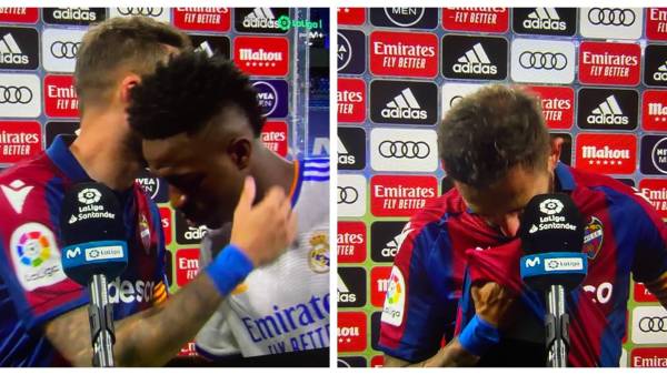 Vinicius consoló al capitán del Levante, José Luis Morales tras conocerse que se iban a segunda división.