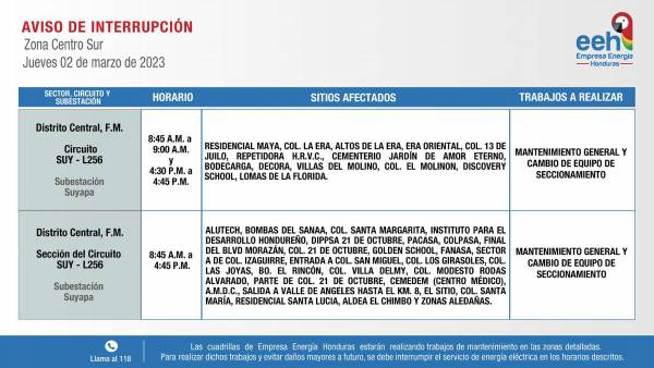 Zona Centro Sur donde no habrá luz este jueves 2 de marzo. Foto: EEH