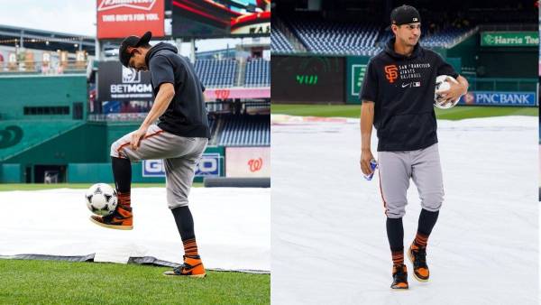 Mauricio Dubón, en junio del 2021, jugando fútbol durante un entrenamiento con los Gigantes de San Francisco.