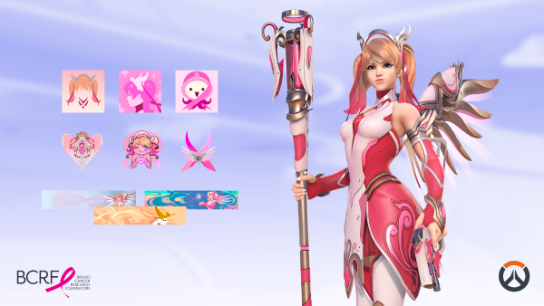 El paquete de Rose Gold Mercy incluye la skin, una variante de arma, tres grafitis, tres íconos y tres tarjetas por un precio de $20.