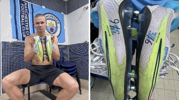 Haaland tuvo que actualizar sus zapatos conmemorativos después de conseguir su gol 36, ante el Everton.