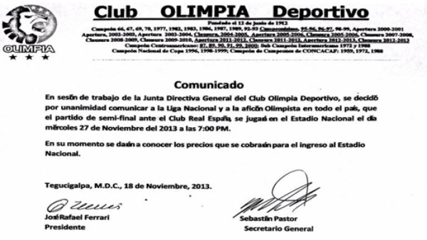 Olimpia abre la polémica por partido de ida ante Real España