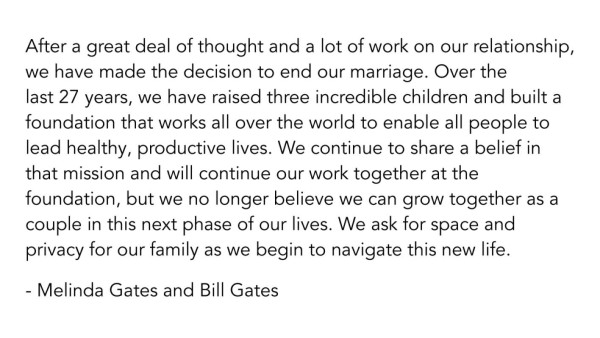 Bill Gates confirma su separación con Melinda tras 27 años juntos y revelan de cuánto es su fortuna
