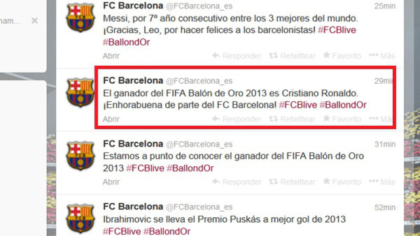 Barcelona felicita a CR7 por su Balón de Oro