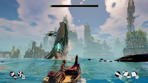 La copia de la ballena aparece de vez en cuando en el escenario. De todas formas, no se puede interactuar con ella, no causa daños al bote ni nada por el estilo.