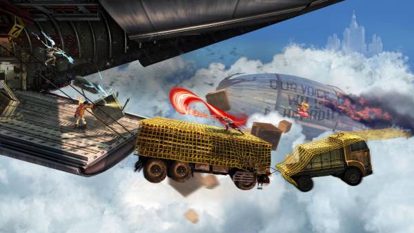 Arte conceptual del mapa de PlayStation All-Stars Battle Royale, inspirado en la misión del avión de carga de Uncharted 3.