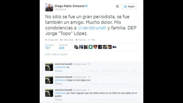 Se entera de la muerte de su marido por Simeone en Twitter