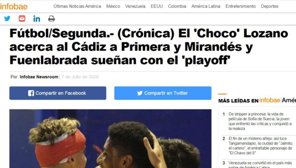La prensa española se rinde al Choco Lozano tras su gol: 'Está dulce, acerca al Cádiz a Primera'