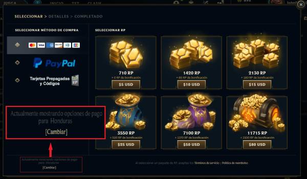 Elige la opción de pagar con tarjeta. Solo fijate bien que en la parte señalada en el cuadro rojo diga “Actualmente mostrando opciones de pago para Honduras”. Si aparece otro país, puedes cambiarlo.