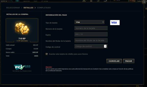 Luego de seleccionar la cantidad de RP que quieras comprar, pasaremos a la parte de colocar los datos de la tarjeta, una vez hecho esto, simplemente le damos a “Pagar”.