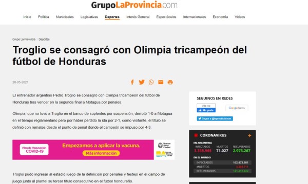 Prensa internacional sobre el tricampeonato de Olimpia ante Motagua y así destacan a Pedro Troglio
