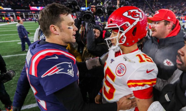 Dec 8, 2019; Foxborough, MA, USA; New England Patriots quarterback Tom Brady (12) and Kansas City Chiefs quarterback Patrick Mahomes (15) after the game at Gillette Stadium. Mandatory Credit: Paul Rutherford-USA TODAY Sports ORG XMIT: USATSI-403362 ORIG FILE ID: 20191208_lbm_ra2_274.JPG