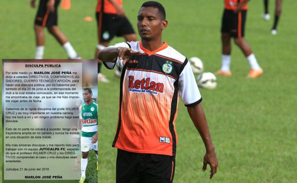 Marlon Peña envía carta de disculpas al Juticalpa por no llegar a tiempo a la pretemporada