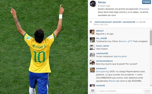 Radamel Falcao le desea pronta recuperación a Neymar