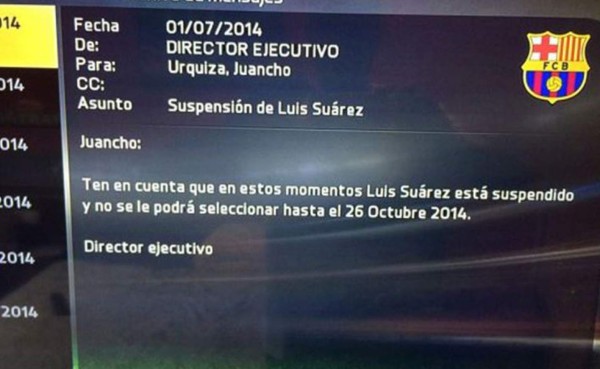¡Luis Suárez, suspendido hasta en el FIFA 15!